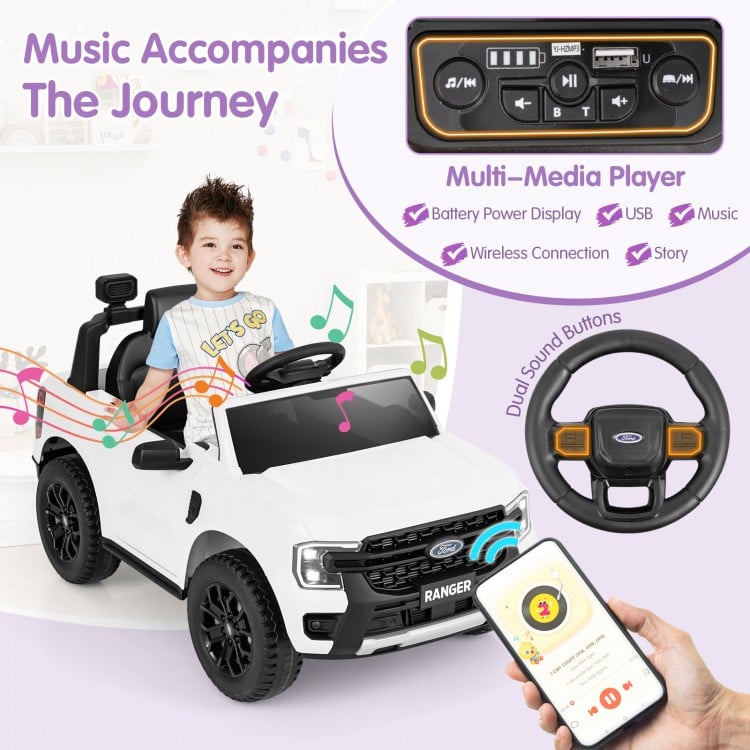 12V Electric Kids Ride on Car Licensed Ford Ranger with Remote Control and Music-White