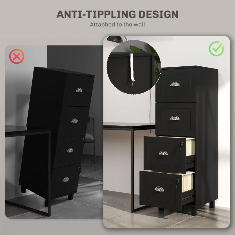 4 Drawer File Cabinet with Lock, Office Filing Cabinet, A4 Letter Size, Hanging File Folders, Black