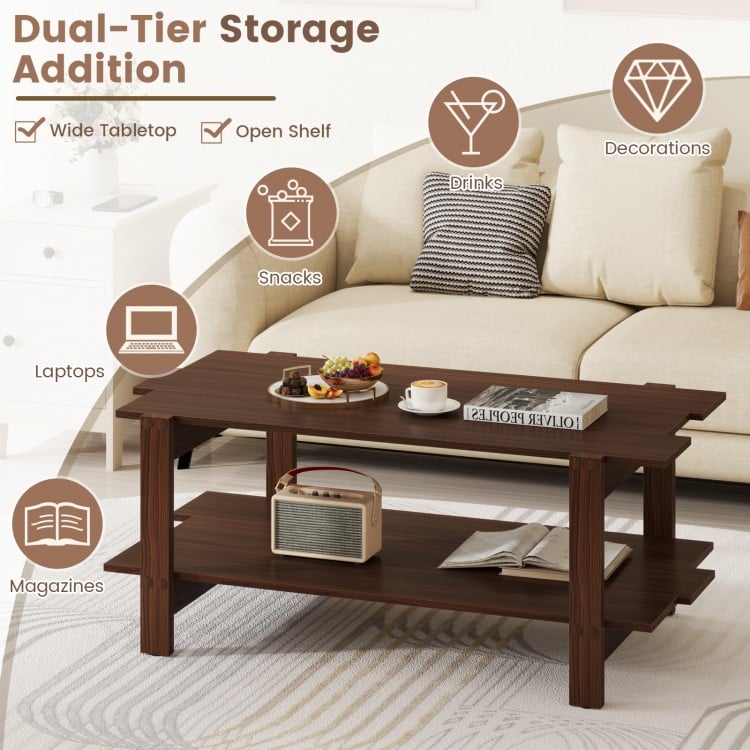2-Tier Coffee Table Slatted Wood Center Table with Storage Shelf-Walnut
