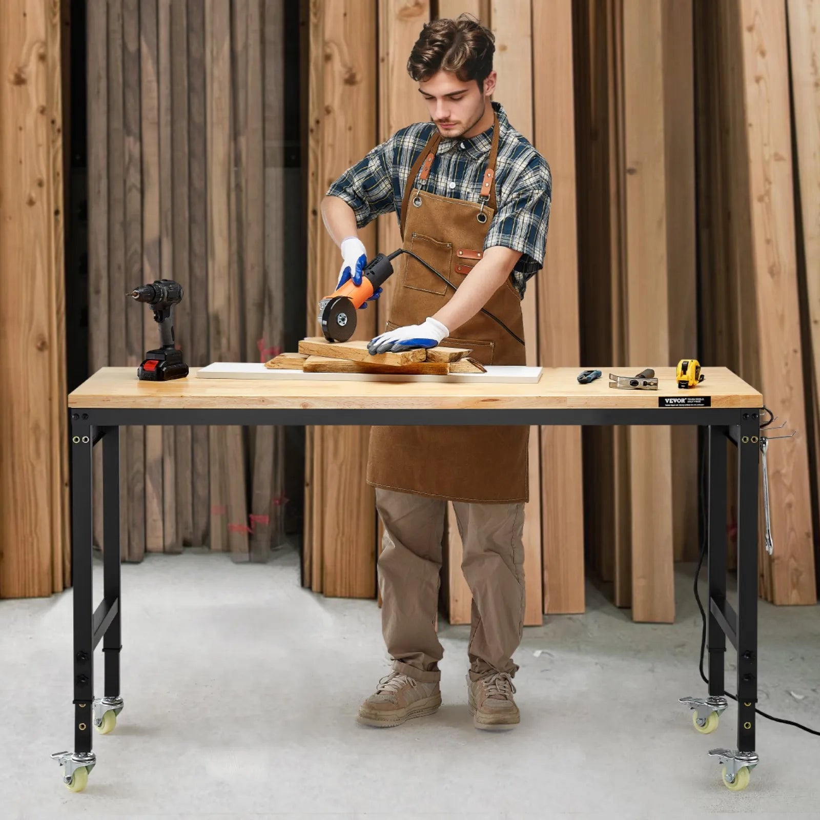 VEVOR 60" Workbench on Wheels Adjustable Height Table with Power Outlet & Pegboard