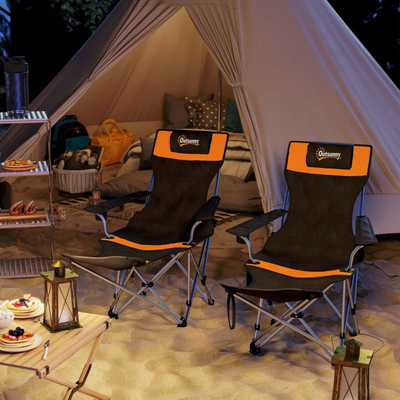 Set of 2 Reclining Camping Chair with Foot Rest, Folding Camping Chair w/ Headrest, Cup Holder, Storage Bag, Orange