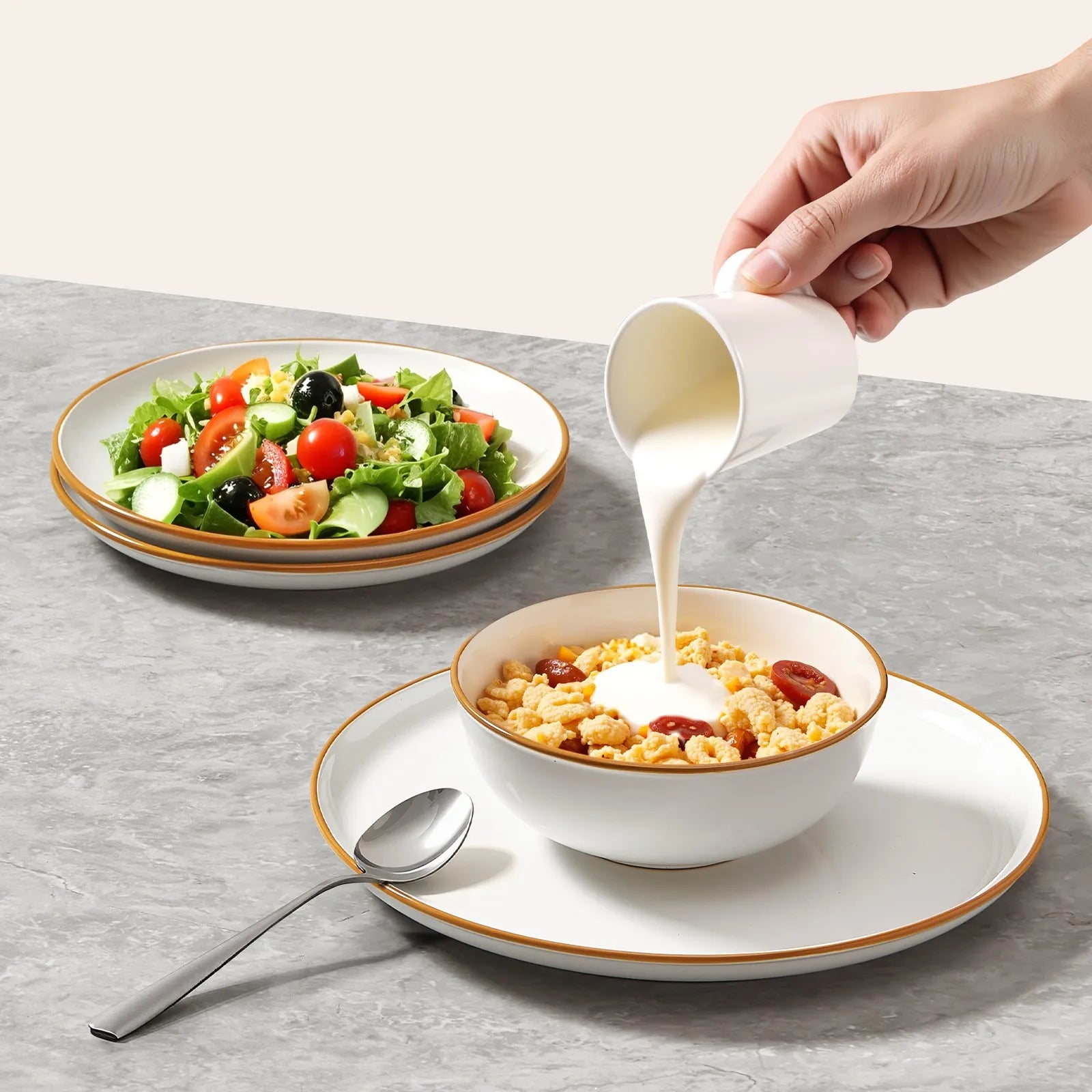 VEVOR 12 PCS Dinnerware Set Ceramic Plates and Bowls Sets Service for 4 White