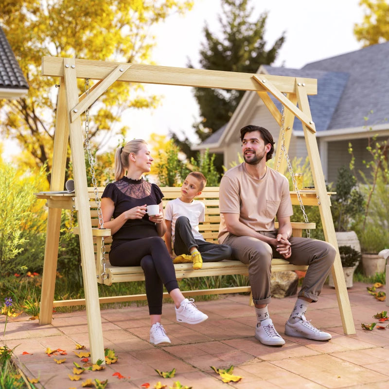 3 Seat Wooden Porch Swing with Stand, Patio Swing with Side Tables, for Garden, Poolside, Backyard, Natural Wood