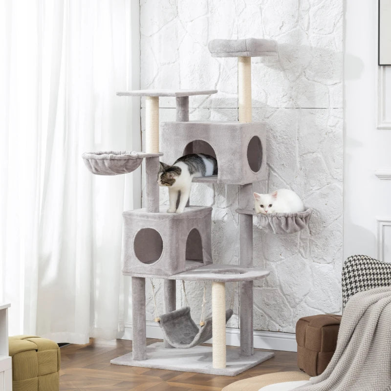 66 Inch Large Cat Tree with 2 Door Condos, 3 Big Hammocks, Plush Top Perch, Sisal Scratching Posts, Light Grey