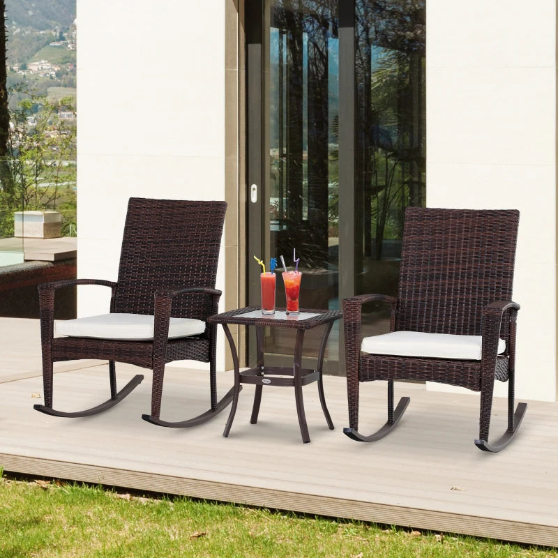 3 Pieces Patio Wicker Rocking Chair Set, Outdoor PE Rattan Bistro Set Conversation Rocker Set with 2 Chairs 1 Coffee Table for Backyard, Deck, Poolside, Cream White