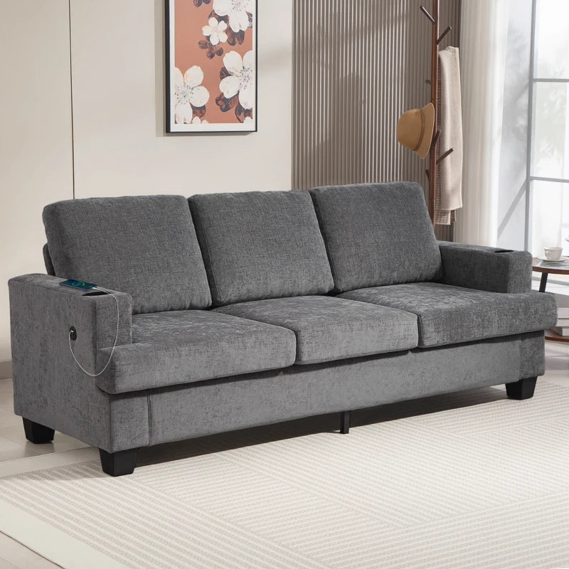 3 Seater Sofa with USB Ports & Cup Holders, Chenille-Feel Upholstered Couch for Living Room, Grey