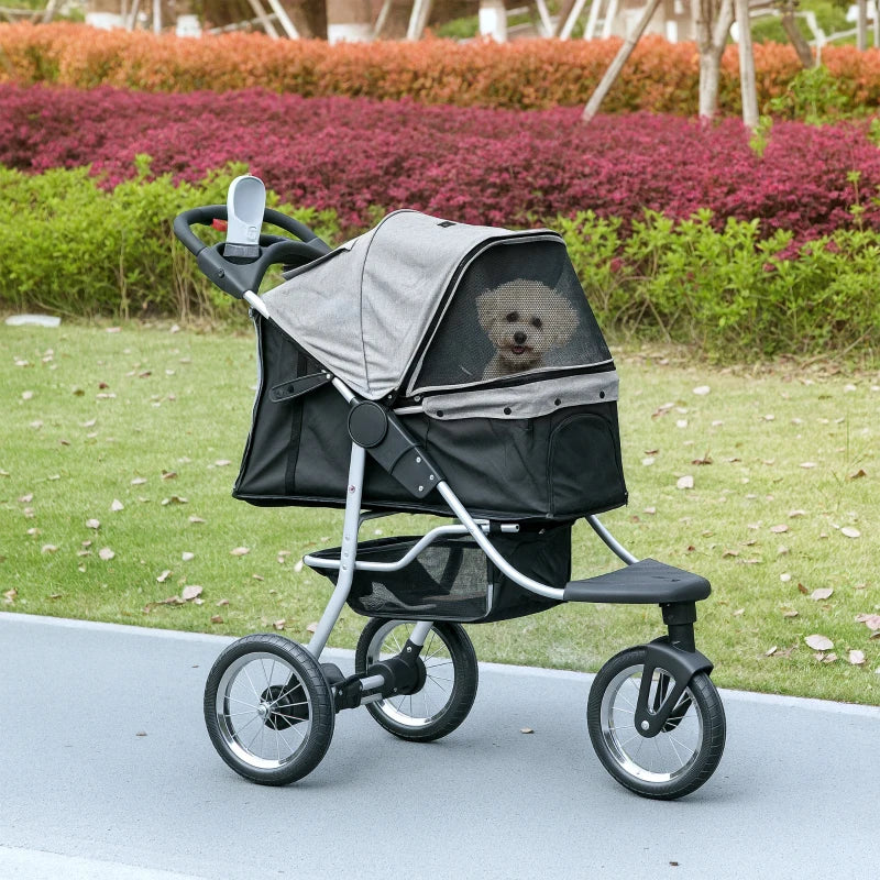 Small Dog Stroller, 3-Wheel Foldable Pet Stroller with Adjustable Canopy and Zippered Mesh Door for Pet Owners, Grey