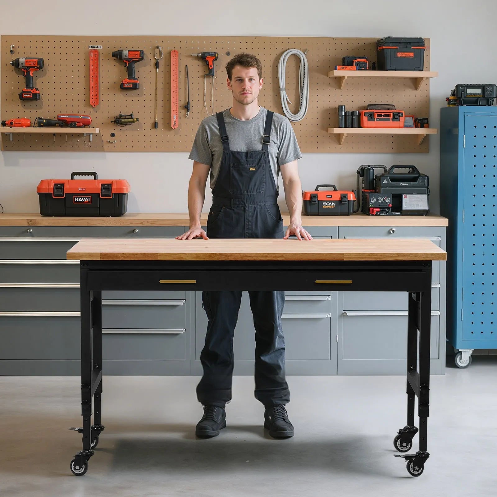 VEVOR 60" Workbench on Wheels Adjustable Height Table with Power Outlet & Drawer