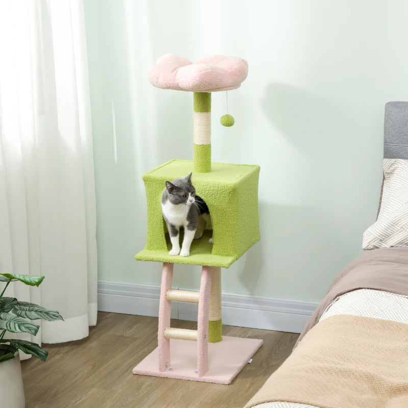 48" Flower Cat Tree with Scratching Post, Cozy Bed, Condo, Climbing Ladder, Perch, Dangling Ball, Green