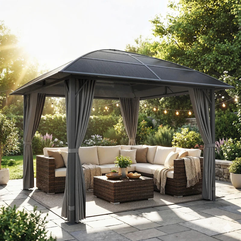 10' x 10' Outdoor Hardtop Gazebo Canopy with UV50+ Polycarbonate Roof, Steel Frame, Central Hook, Curtains, Light Grey