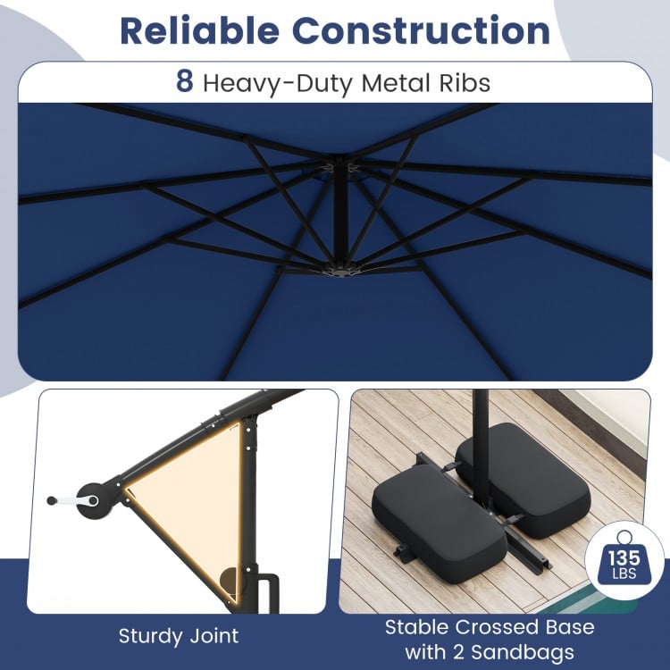 10 Feet Solar Offset Hanging Umbrella with Base and LED Lights-Navy