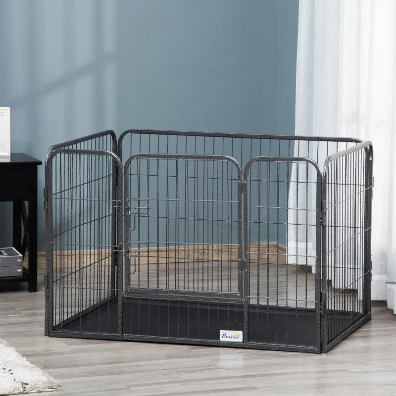 4 Panels Dog Playpen, Heavy Duty Dog Fence, 28" H Portable Pet Playpen with Door Double Locking Latches, Tray, Grey