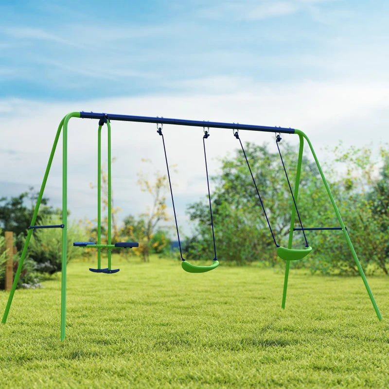 3 in 1 Metal Swing Set with Double Swings, Glider for Backyard, Outdoor, Playgroundt, Green