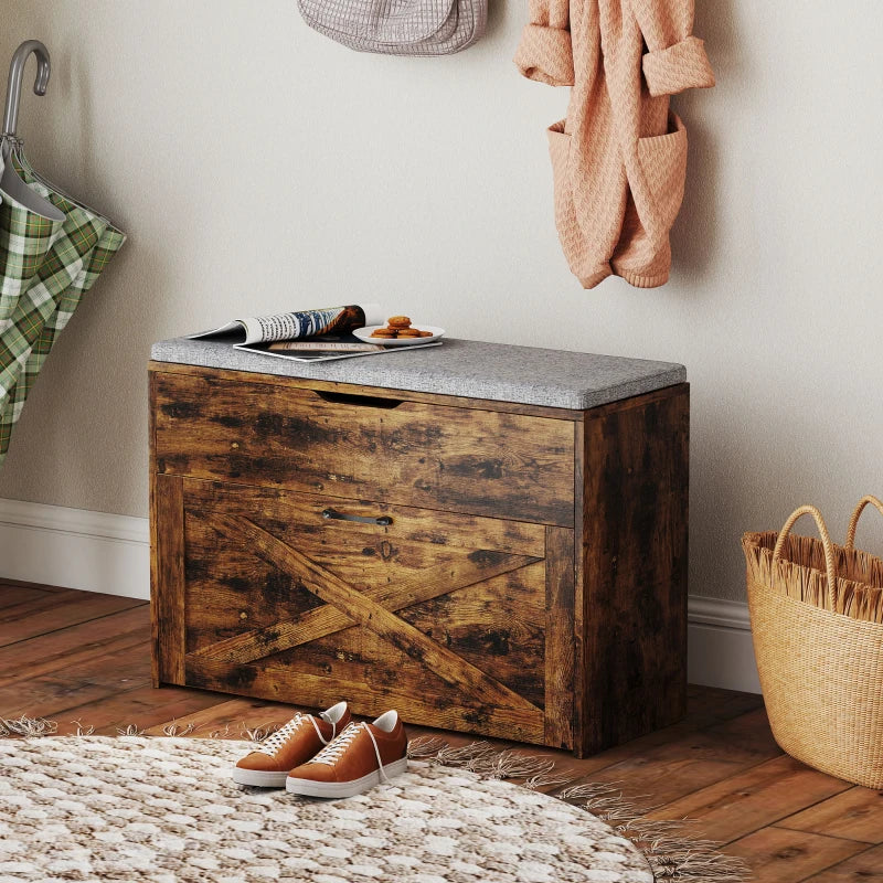 Shoe Storage Bench with Flip Drawer and Lift Top Storage, Entryway Bench with Seat Cushion for Hallway, Rustic Brown