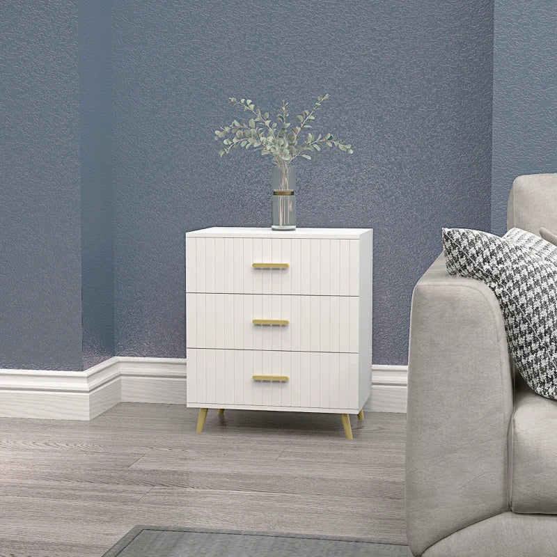 3 Drawer Cabinet, Drawer Chest for Bedroom, Chest of Drawers with Aluminium Legs and Gold Handles, White