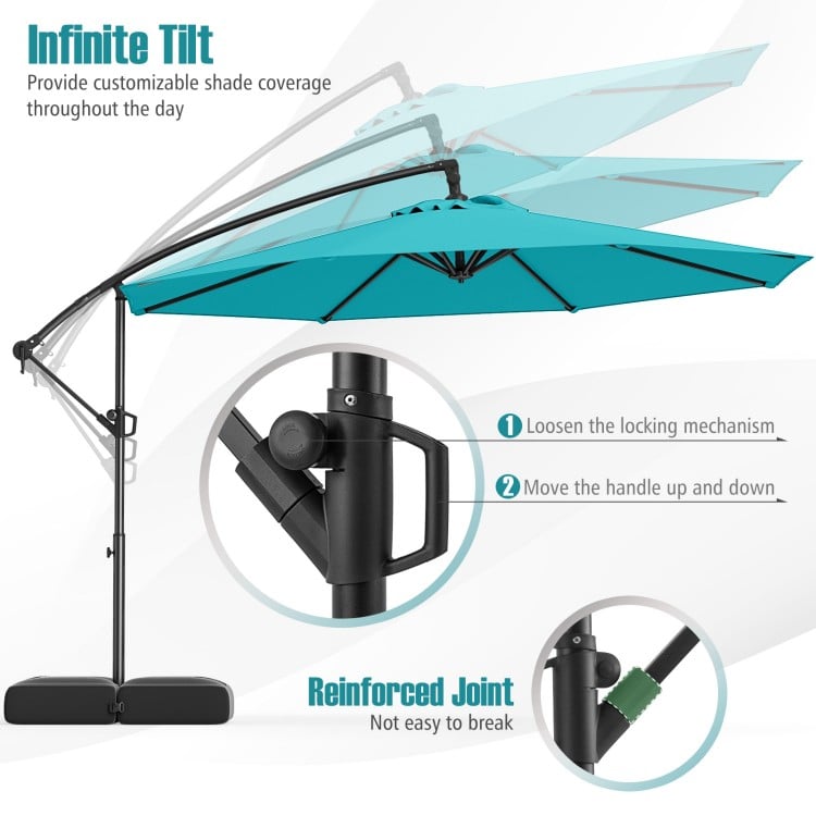 10 Feet Offset Hanging Umbrella with Base Patio Cantilever Umbrella with Tilt-Turquoise