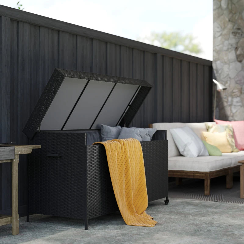 165 Gallon Deck Box, Wicker Outdoor Patio Storage Box with Waterproof Liner, Gas Strut and Universal Wheels, Black