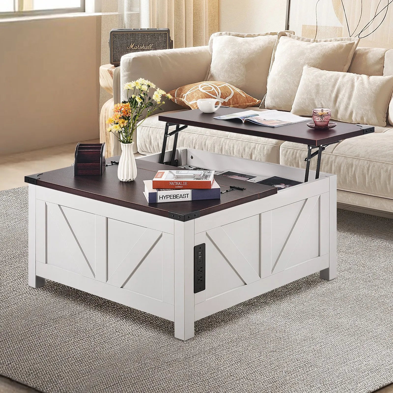 VEVOR 36" Farmhouse Coffee Table Hinged Lift Top Square Table with Power Strip