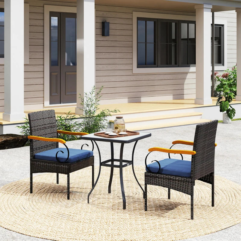 Set of 2 Rattan Outdoor Dining Chairs, Wicker Patio Chairs with Removable Cushion, Acacia Wood Armrests, Navy Blue