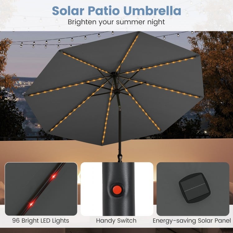 10 Feet Solar Patio Umbrella with 96 Multi-Colored Flowing LED Lights and Tilt Adjustment-Gray