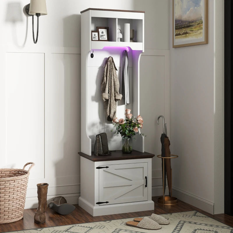 3-in-1 Hall Tree with LED Lights and Bench, Coat Rack with Shoe Storage, White Wood Grain with Light