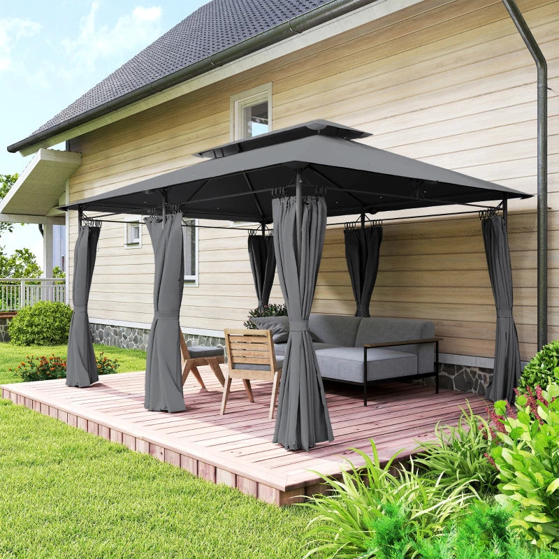 10' x 13' Double Roof Patio Gazebo, Outdoor Gazebo with Curtains, for Garden, Lawn, Backyard and Deck, Grey