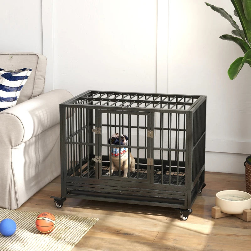 36" Heavy Duty Steel Dog Crate Kennel Pet Cage with Wheels for Convenient Access Anti-Pinching Floor, Grey