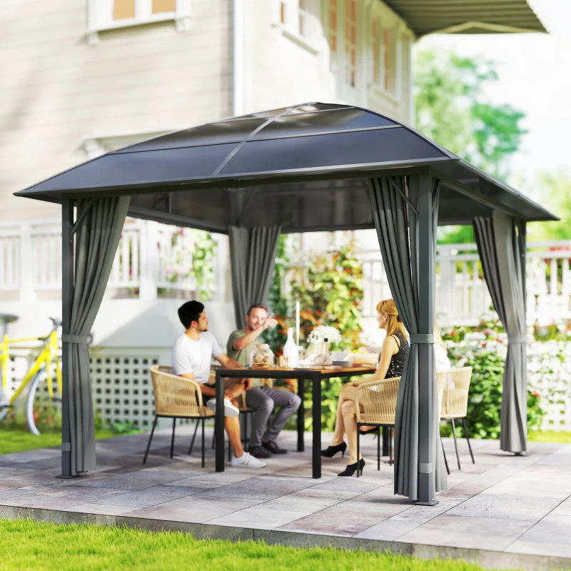 10' x 10' Outdoor Hardtop Gazebo Canopy with UV50+ Polycarbonate Roof, Steel Frame, Central Hook, Curtains, Light Grey
