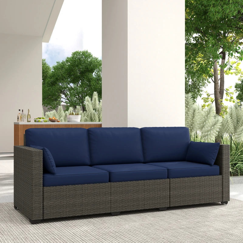 3-Seater Outdoor Sofa with Cushions, PE Rattan Conversation Patio Couch with Pillows for Garden, Poolside, Blue/Brown