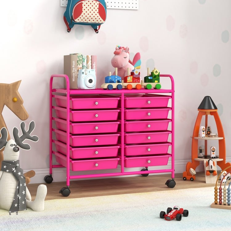 12 Drawers Rolling Storage Cart for Home and Office-Hot Pink