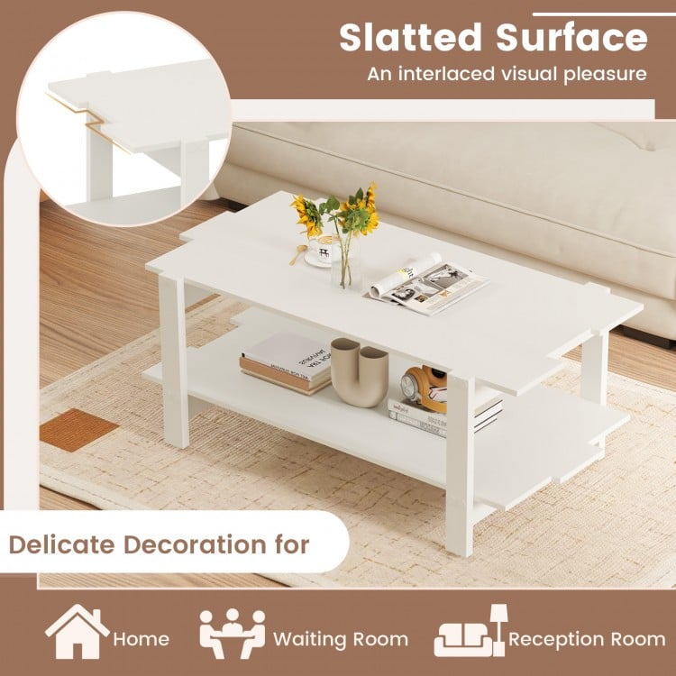2-Tier Coffee Table Slatted Wood Center Table with Storage Shelf-White