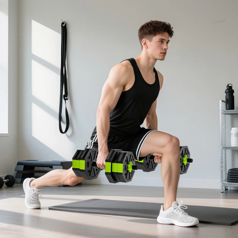 Soozier 6-in-1 Adjustable Dumbbell Set, Used as Kettlebell, Barbell, Dumbbell, Push-Up Stand, 44lbs Free Weights Set, Green