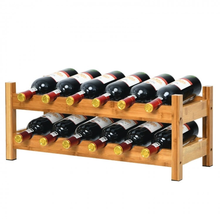 2-Tier 12 Bottles Bamboo Storage Shelf Wine Rack-Natural