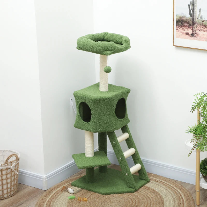 47" Tall Cat Tree Tower with Condo, Ladder, Scratching Posts and Hanging Ball, Green