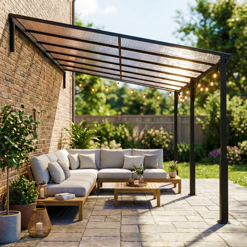 13' x 10' Lean to Gazebo, Hardtop Wall Mounted Outdoor Pergola with Polycarbonate Roof and Metal-Aluminium Frame