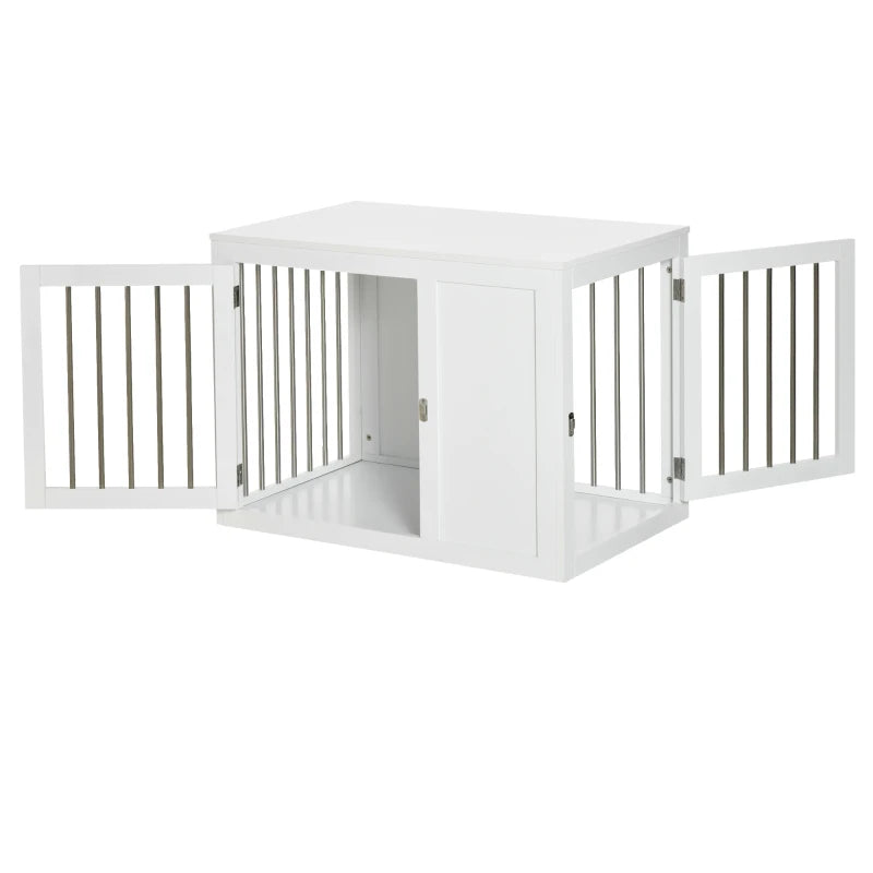 2-in-1 Dog Cage and Side Table, with Two Lockable Doors, for Medium Dogs - White