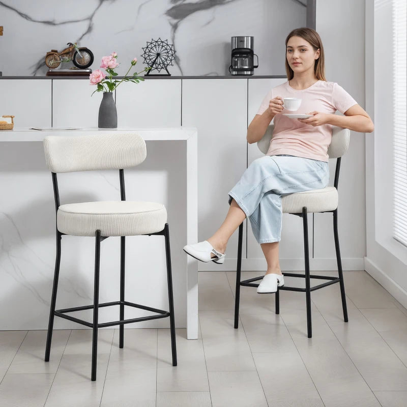 Set of 2 Barstools, Upholstered Corduroy Bar Stools with Backrest, Footrest for Kitchen Island, Dining Room, Cream White