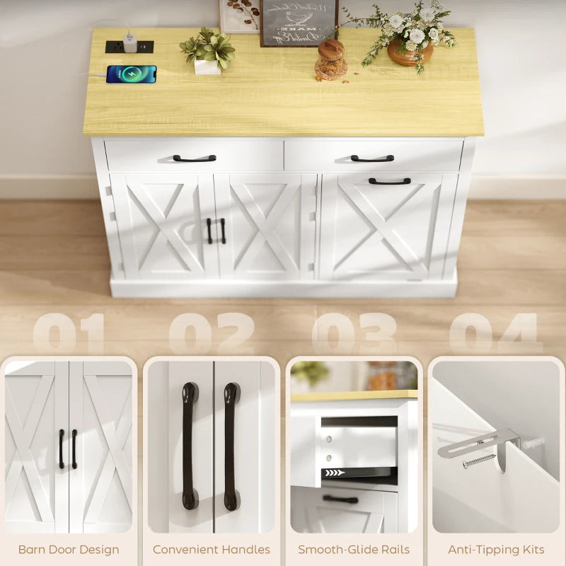 7 Gallon Tilt Out Garbage Cabinet, Kitchen Island with Charging Station, 2 Drawers, 4 Door Racks, White