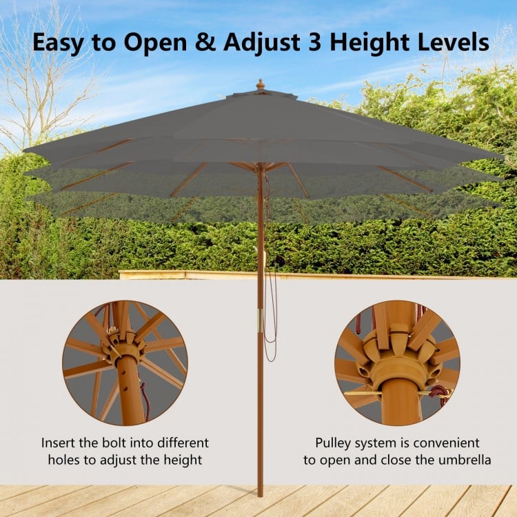10 Feet Patio Umbrella with 8 Wooden Ribs and 3 Adjustable Heights-Gray