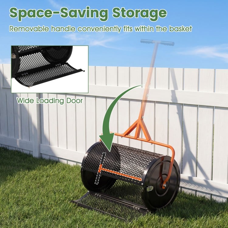 24 Inch Compost Spreader Peat Moss Spreader Roller with Height-Adjustable T-Shaped Handle-Orange