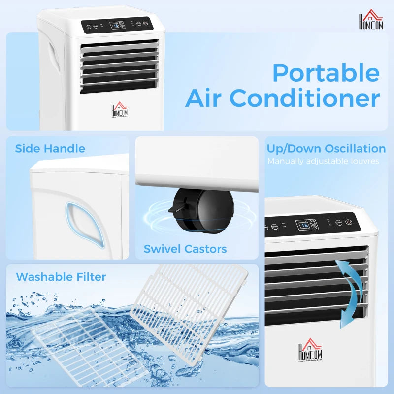10,000BTU Mobile Portable Air Conditioner with Cooling, Dehumidifier, 2 Speed Fans, 24-Hour Timer for Bedroom, White