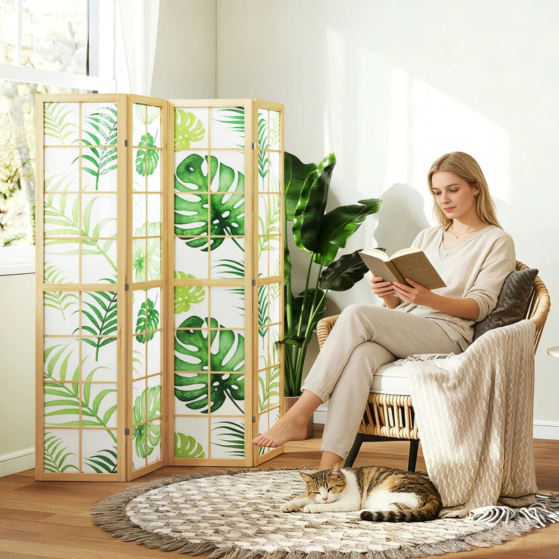 4 Panel Folding Privacy Screen, 67" Room Divider with Palm Leaf Design for Living Room Bedroom, Natural and Green