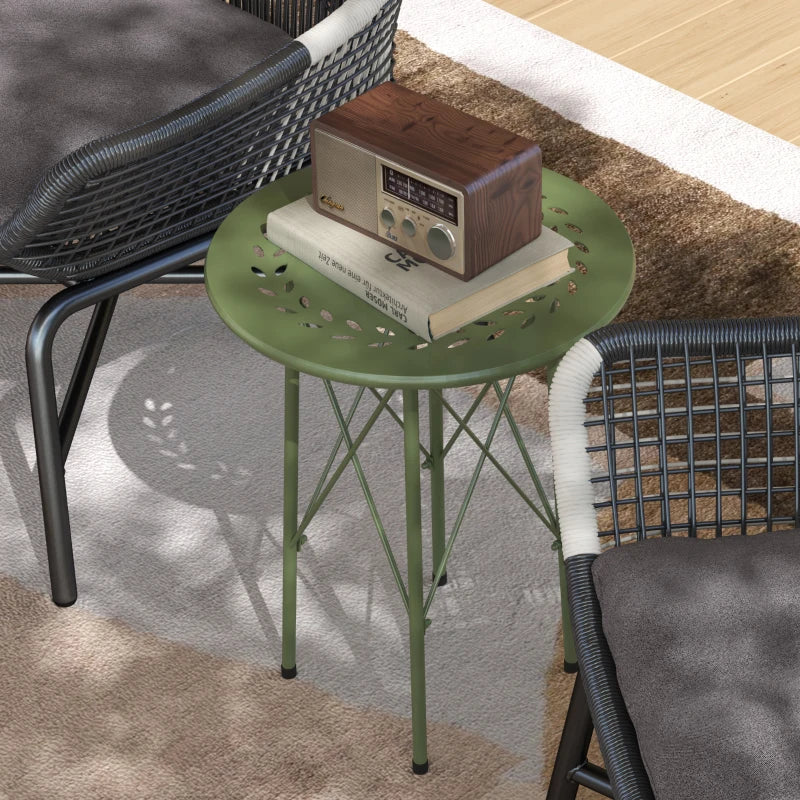 15.7" Round Garden Table with Floral Cut-Out, Steel Balcony Side Bistro Coffee Table with Adjustable Feet, Green