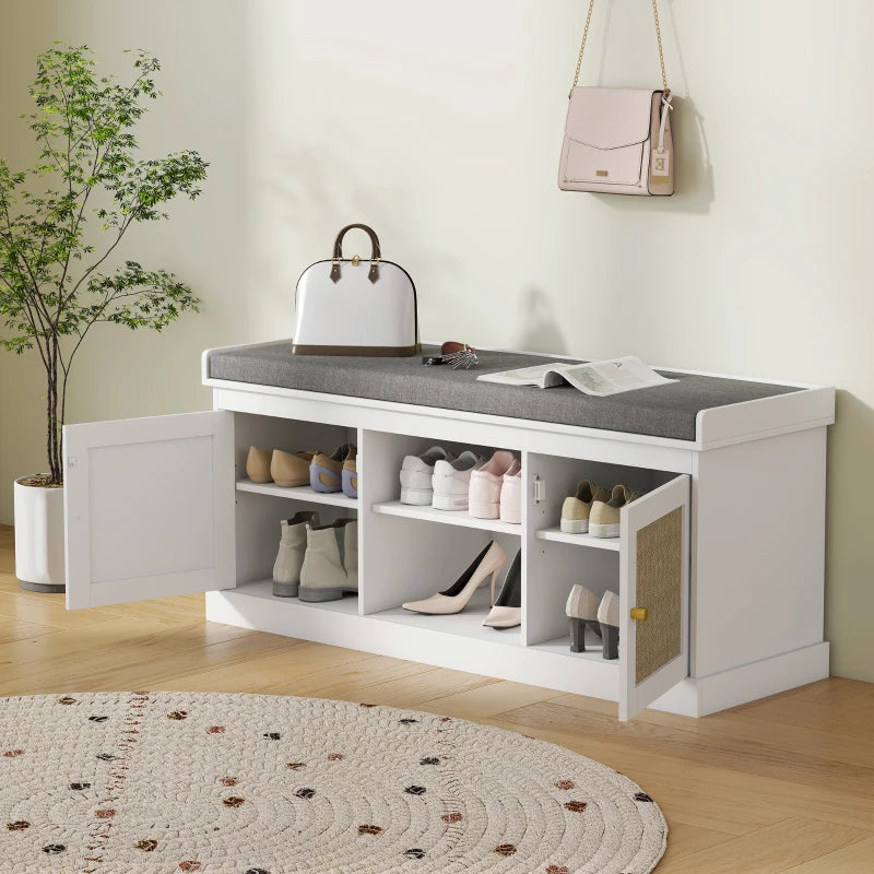 Shoe Bench with Padded Cushion, Boho Entryway Bench with Rattan Doors and Adjustable Shelves, Holds 9 Pairs, White