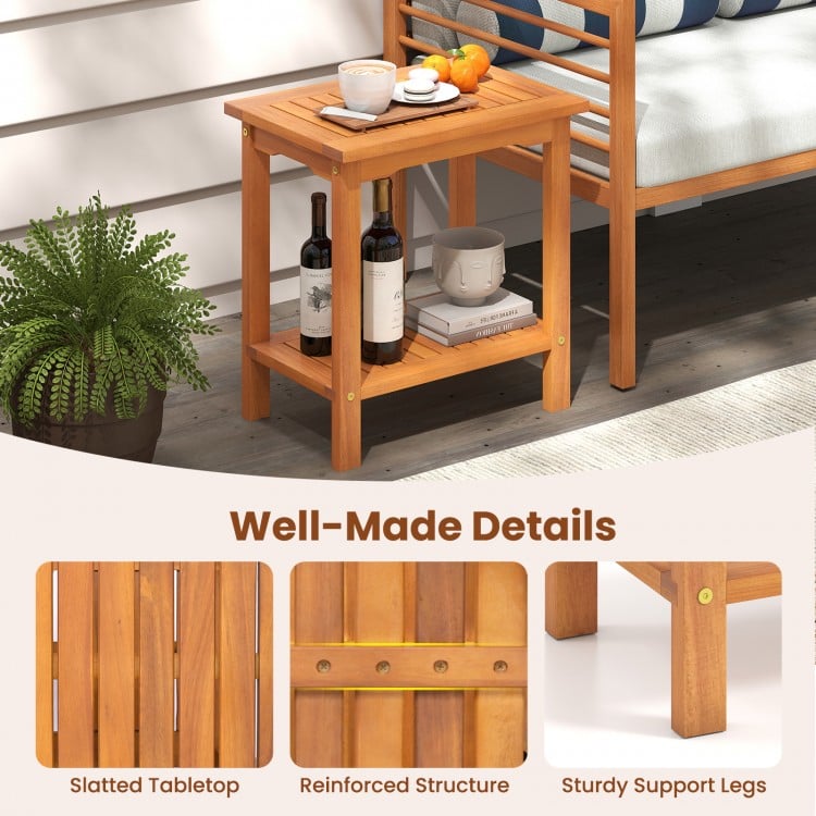 2-Tier Outdoor Acacia Wood Side Table with Slatted Tabletop and Storage Shelf
