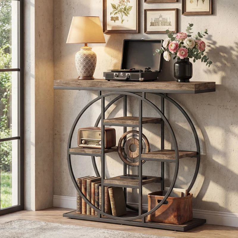 39.4" Console Table with Storage Shelves, Industrial Sofa Table for Living Room, Hallway, Rustic Brown