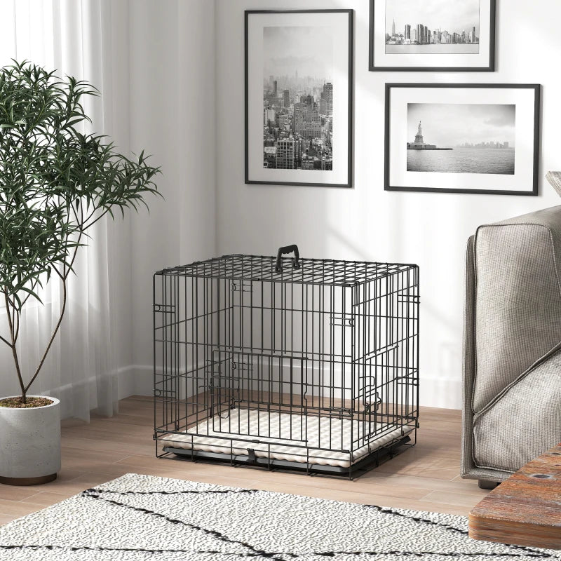 24" Dog Crate with 2 Doors, Folding Metal Dog Cage with Soft Cushion, Removable Tray, Handle for Extra Small Dogs, Black