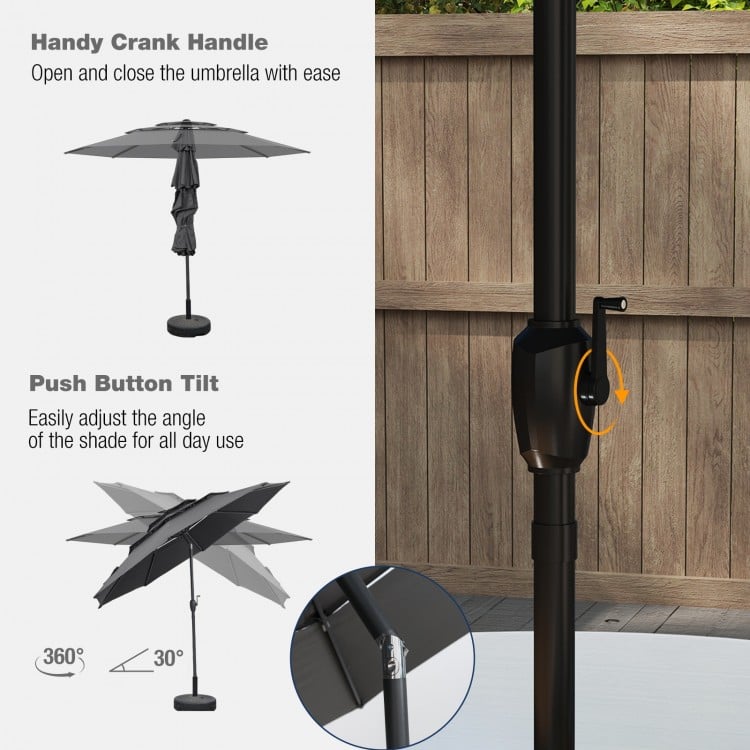 10 ft 3-tier Vented Patio Umbrella with Push Button Tilt-Gray