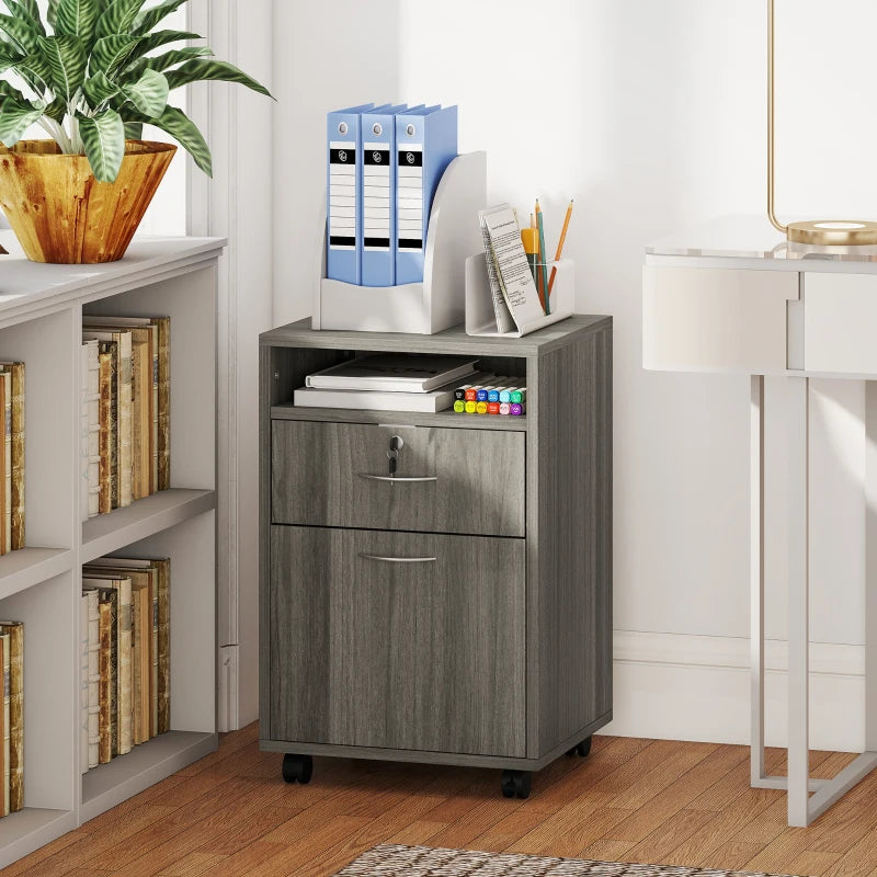 24" Filing Cabinet with Open Compartment, Lockable Drawer and Wheels, Home Office Storage Cabinet, Distressed Grey