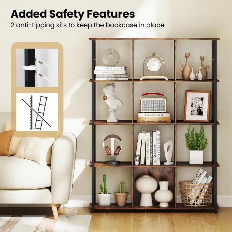 12-Cube Bookcase with 2 Anti-tipping Kits for Living Room-Rustic Brown